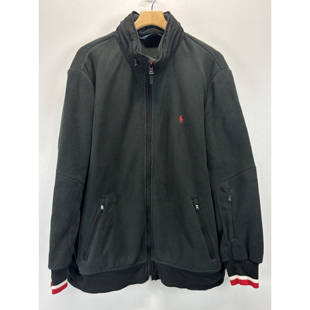 Vtg Polo Ralph Lauren Fleece Full Zip Jacket 2XB XXL Big Black Hood In Collar